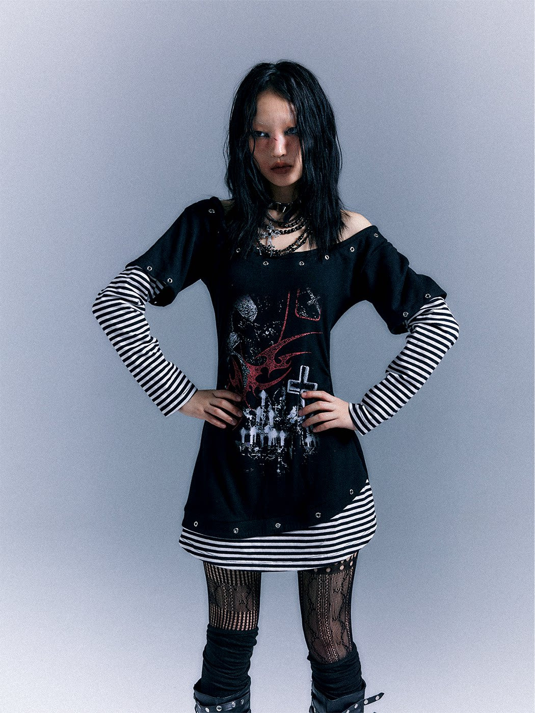 Light Punk Stripe Long Sleeve Graphic Waist-Cinching T-Shirt Dress