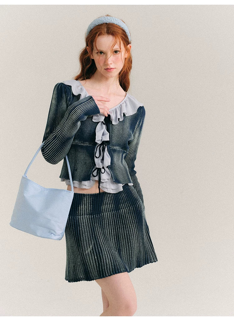 Frill Knit Cardigan & Short Rib Knit Skirt Setup