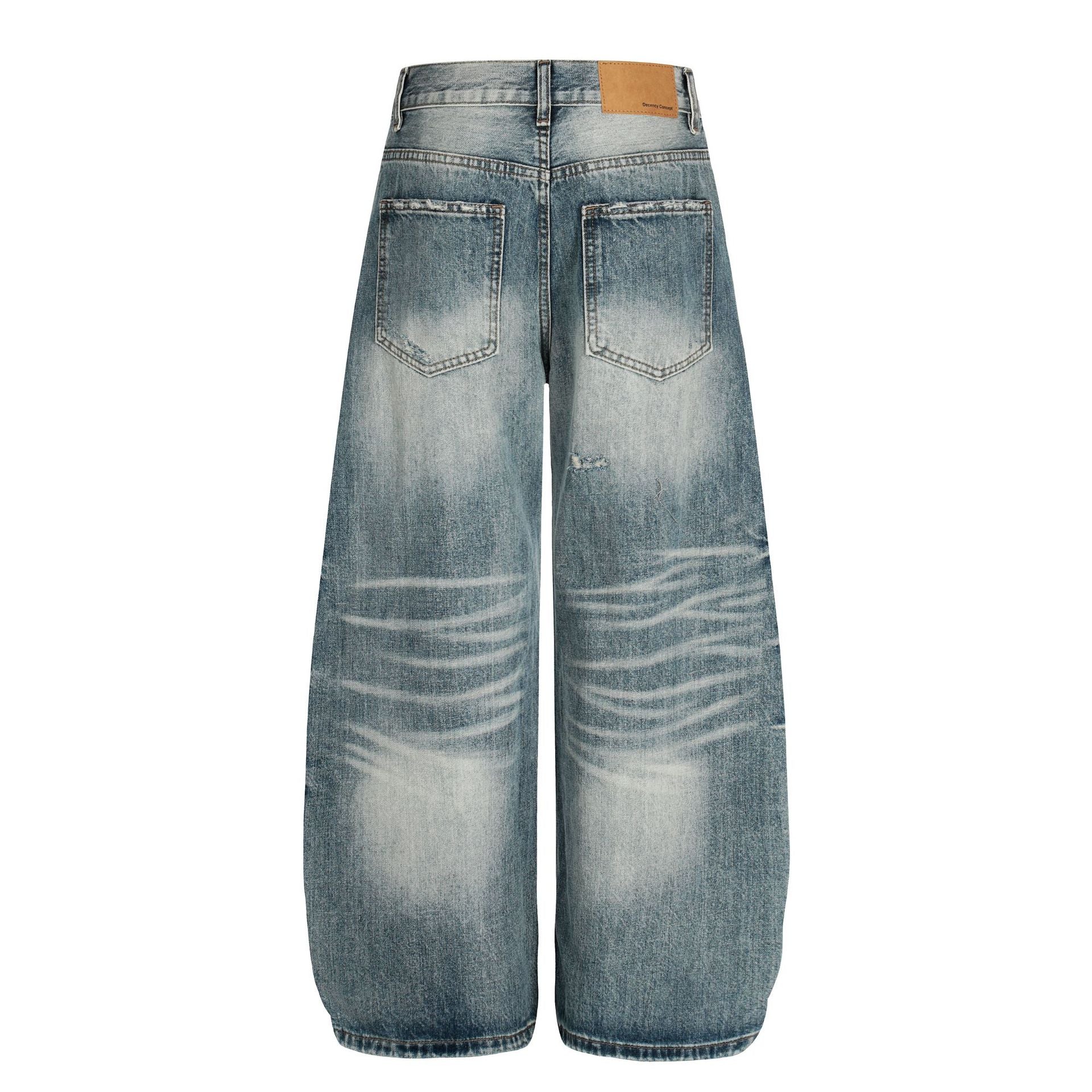 Washed Whisker Damage Curved Denim Jeans