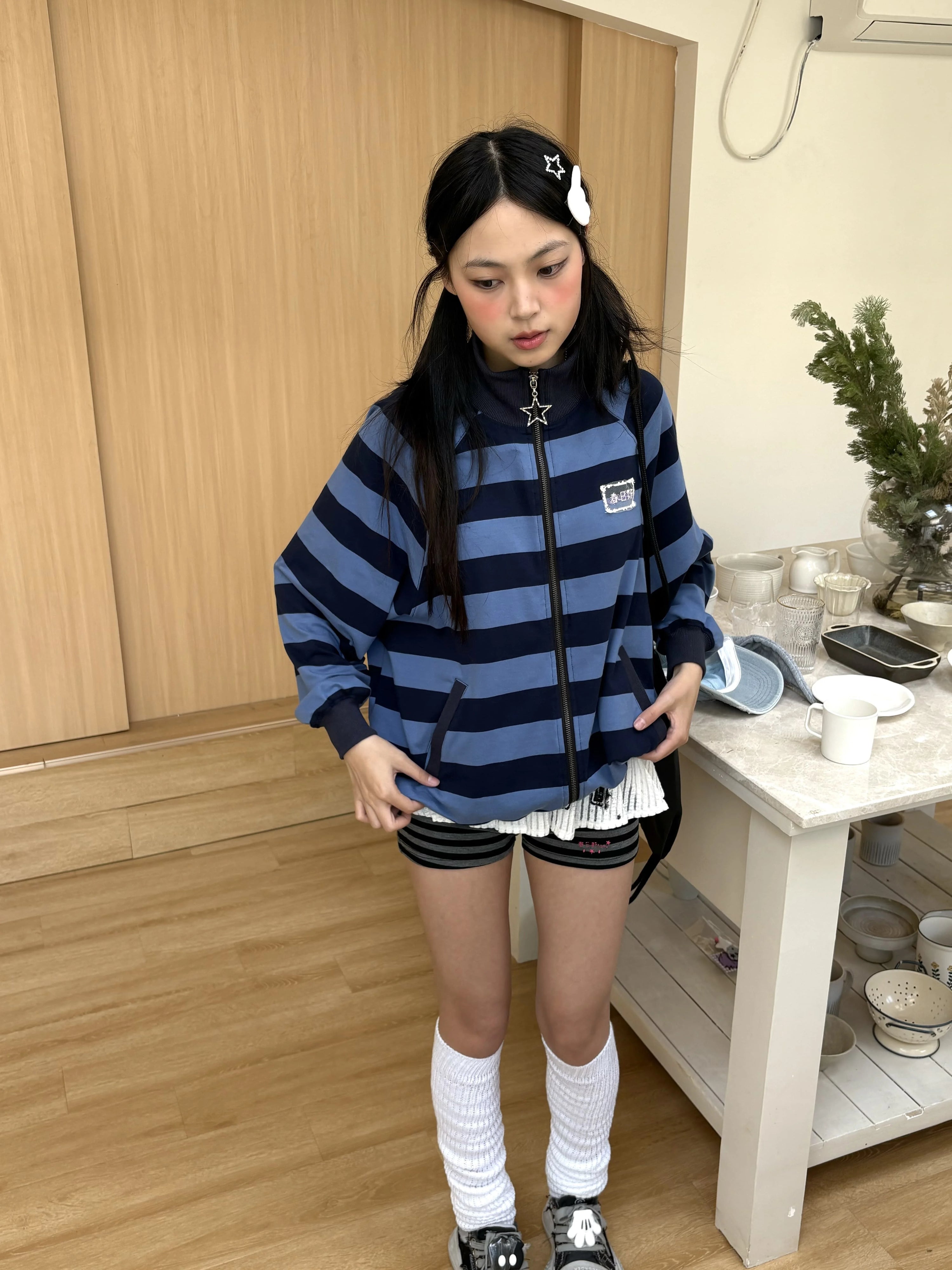Striped Oversize Stand Collar Zipper Jacket