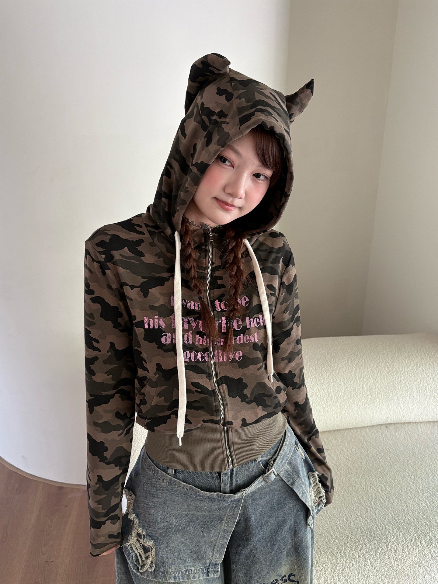 Devil Horn Hooded Print Zipper Hoodie