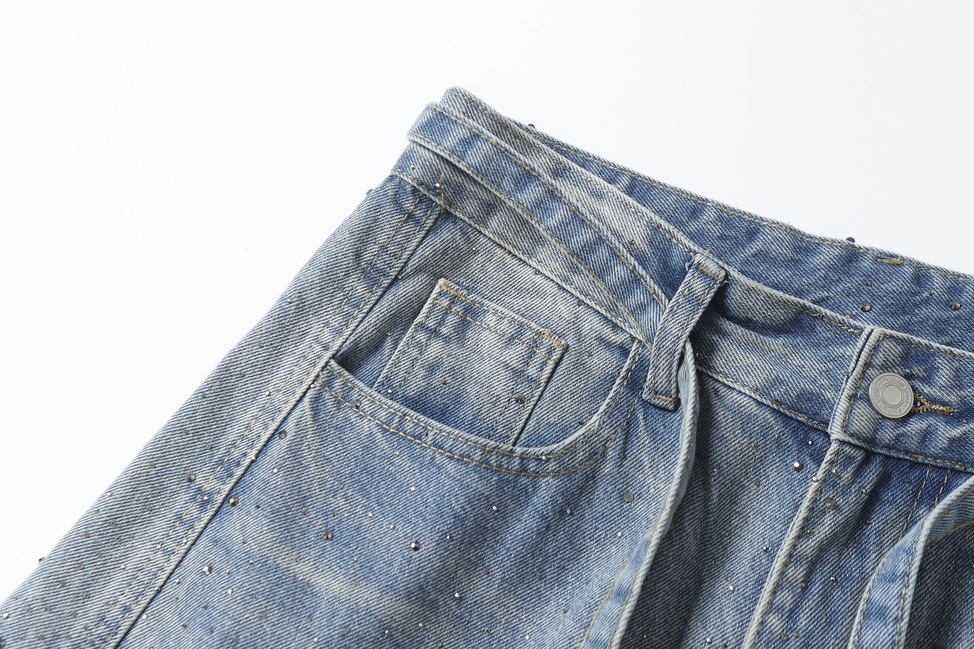 Rhinestone Drawstring Wide Leg Denim Jeans