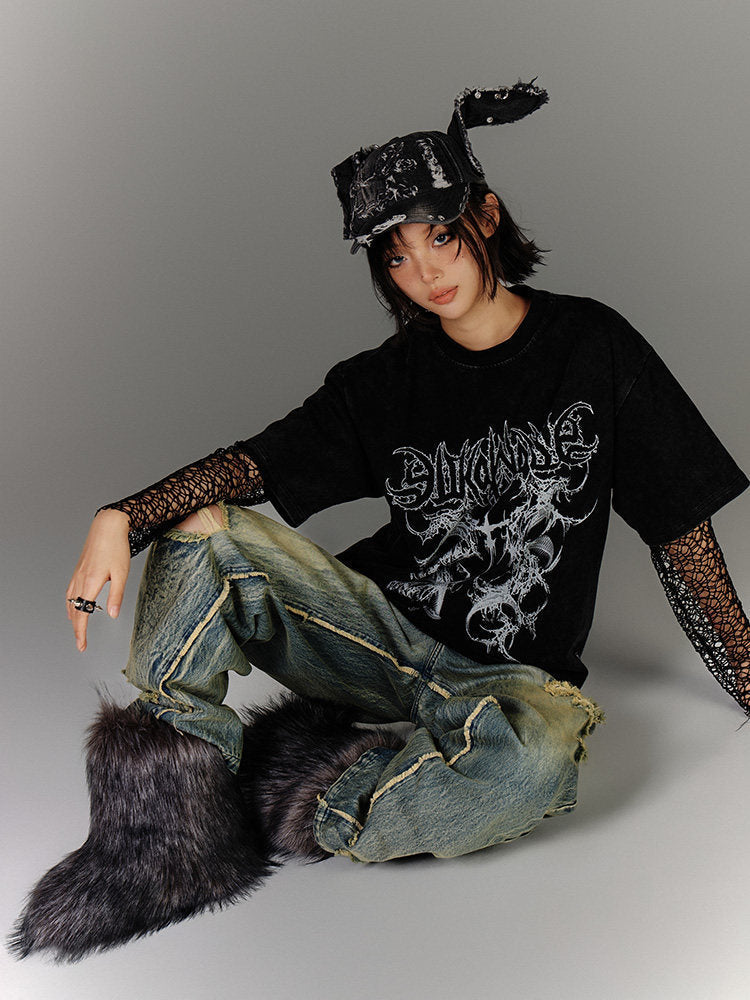 Washed Damage Oversize Short Sleeve T-Shirt & Spiderweb Mesh Long Sleeve Shirt