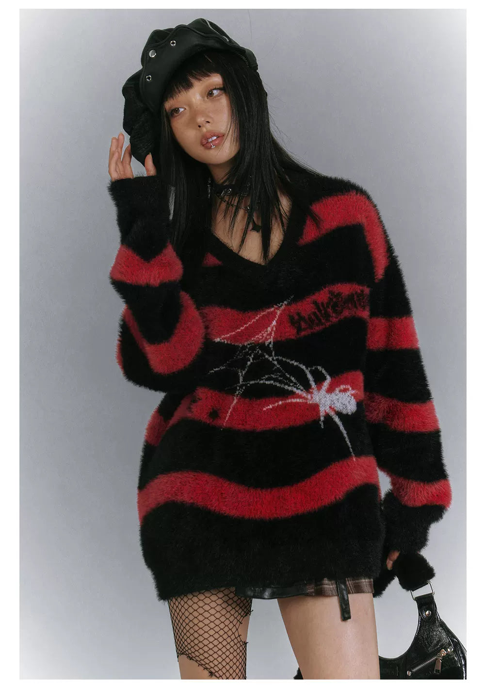 Mohair Spider Pattern Stripe Oversize V-Neck Knit Sweater