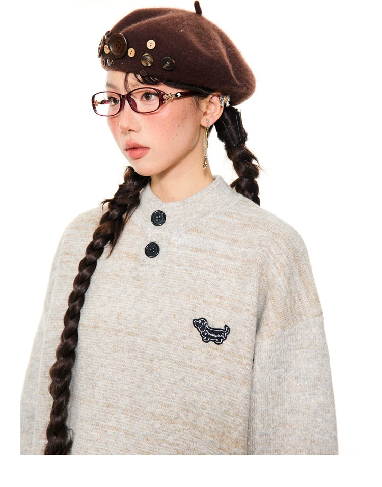 Button-Detail Stand Neck Knit Sweater