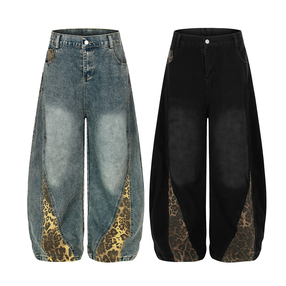 Washed Leopard Panel Curved Denim Jeans