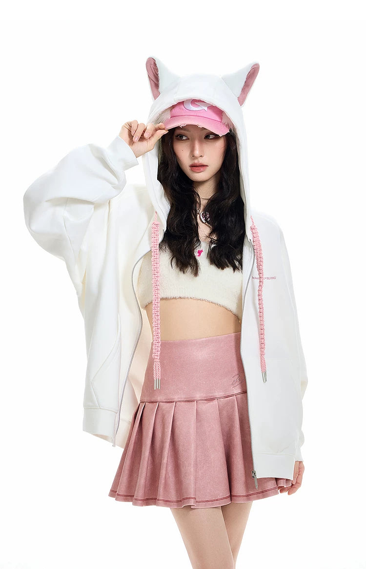 Ear Fleece Oversize Zipper Hoodie
