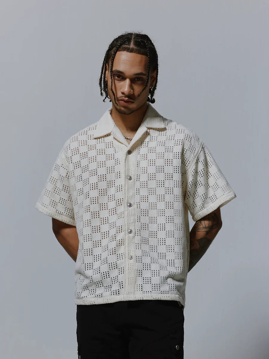 Cutout Cuban-Collar Short Sleeve Shirt