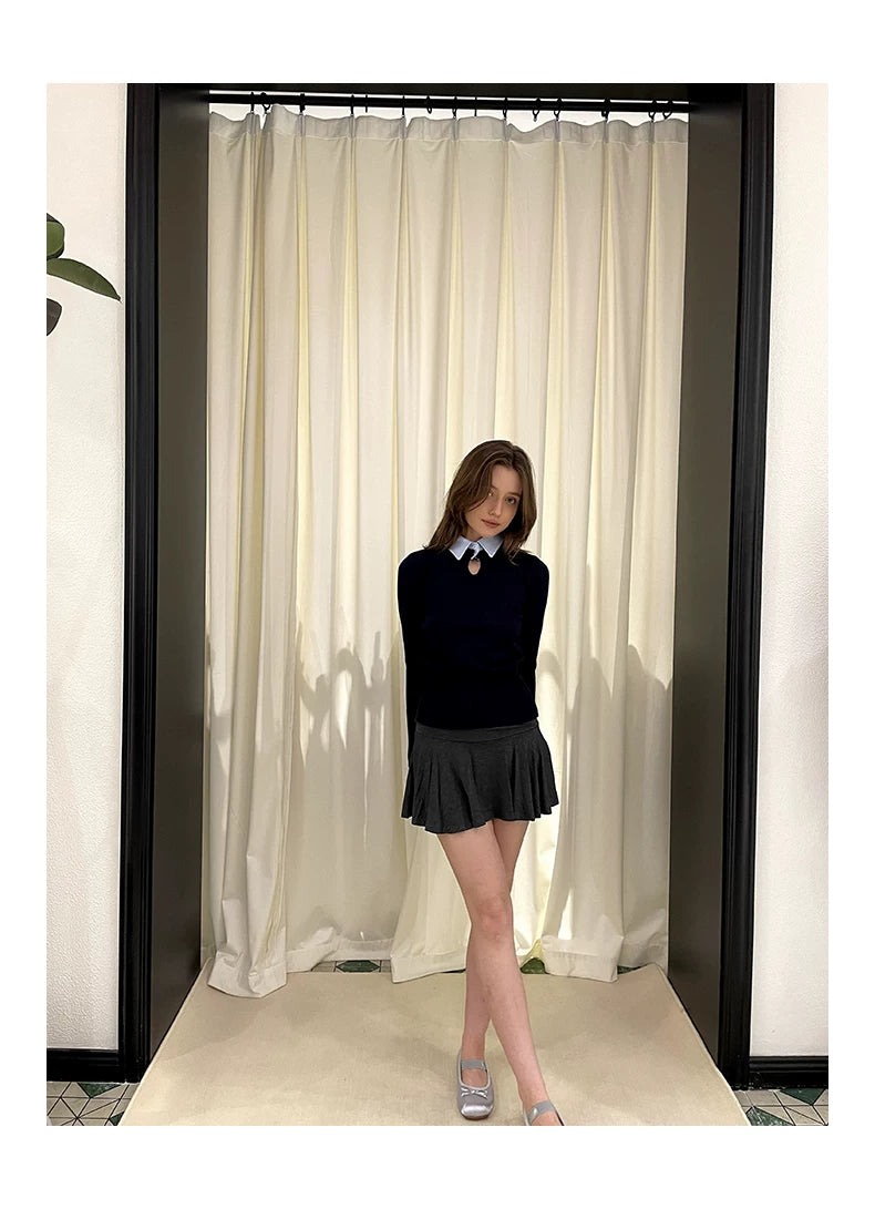 Collar Knit Sweater & Pleats Short Skirt Setup