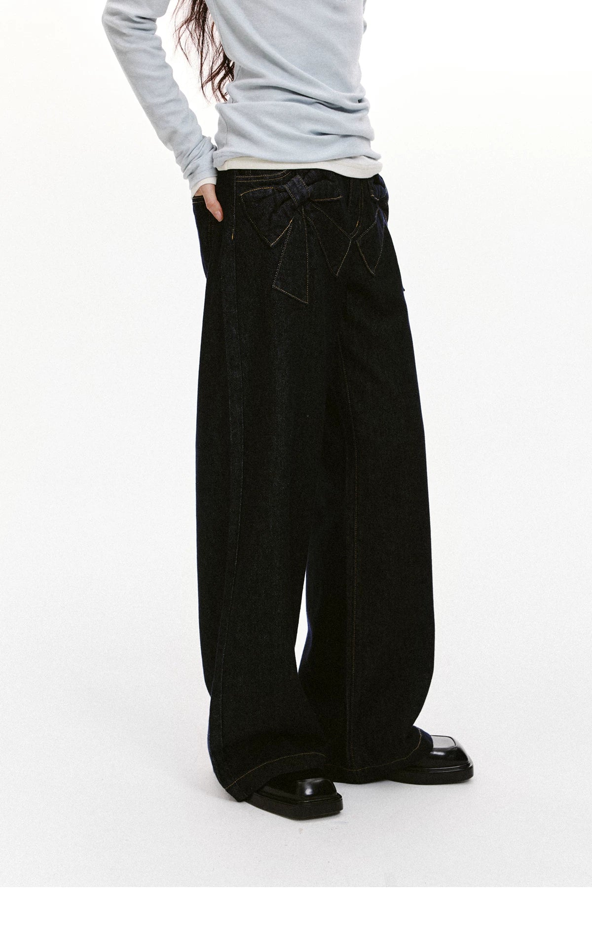 Bow Detail Wide-Leg Denim Jeans
