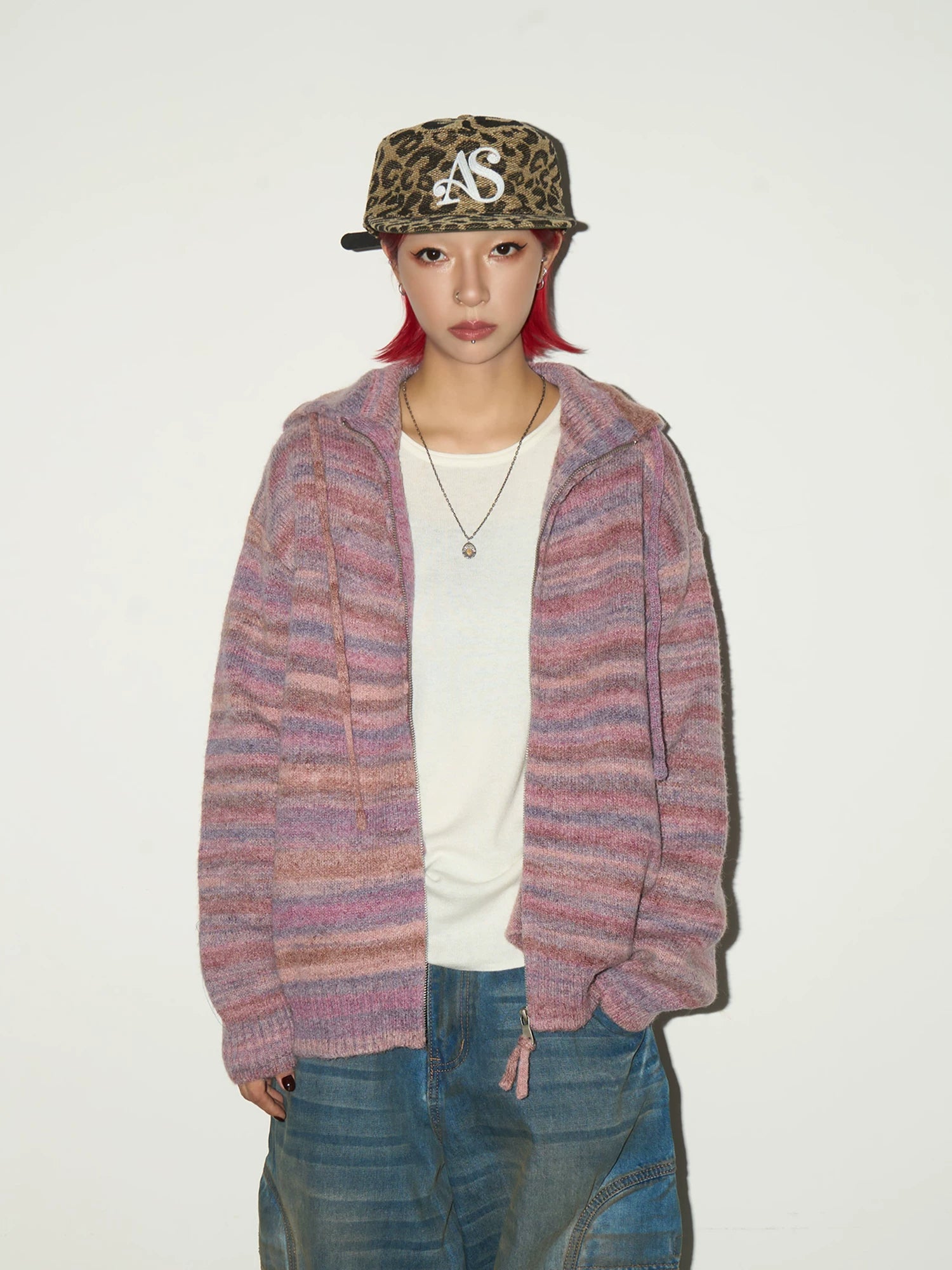 Stripe Hooded Zipper Knit Cardigan
