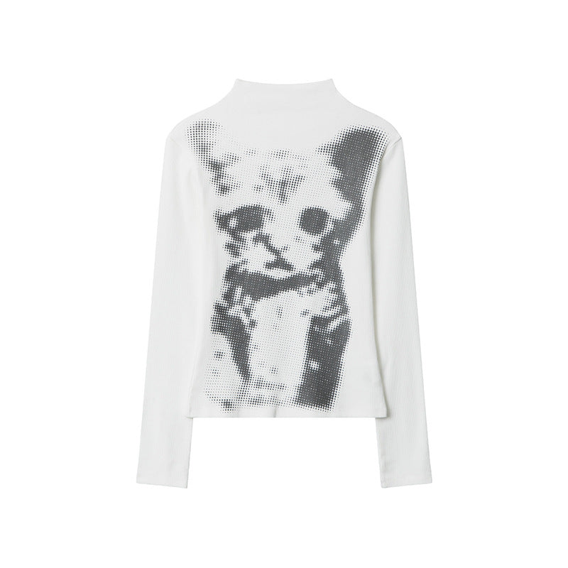 Checkerboard Cat Print Long Sleeve Top