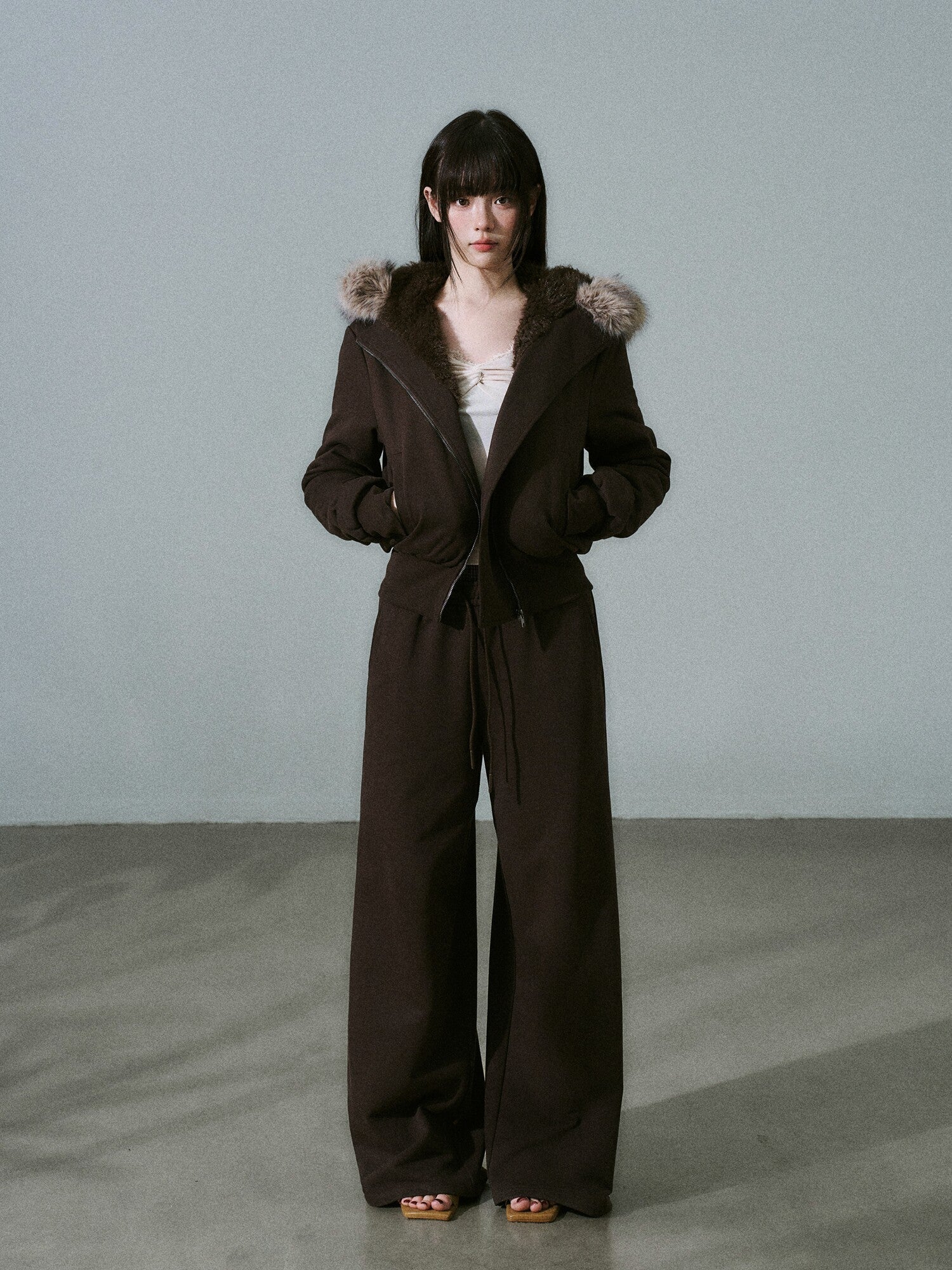 Fake Fur Hooded Zip-Up Jacket & Seatpants Setup