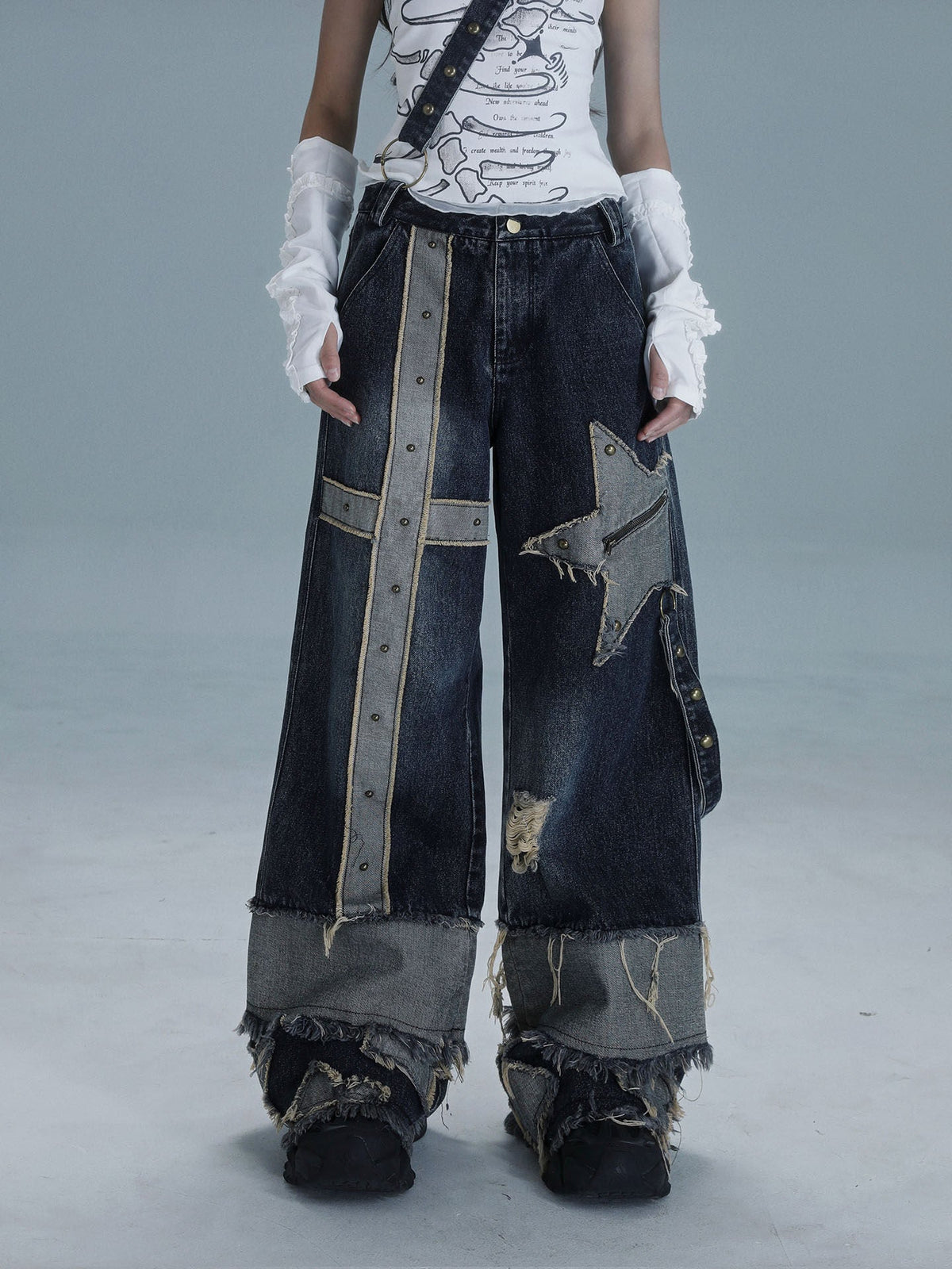 Low Waist Wide Leg Washed Stud Denim Jeans