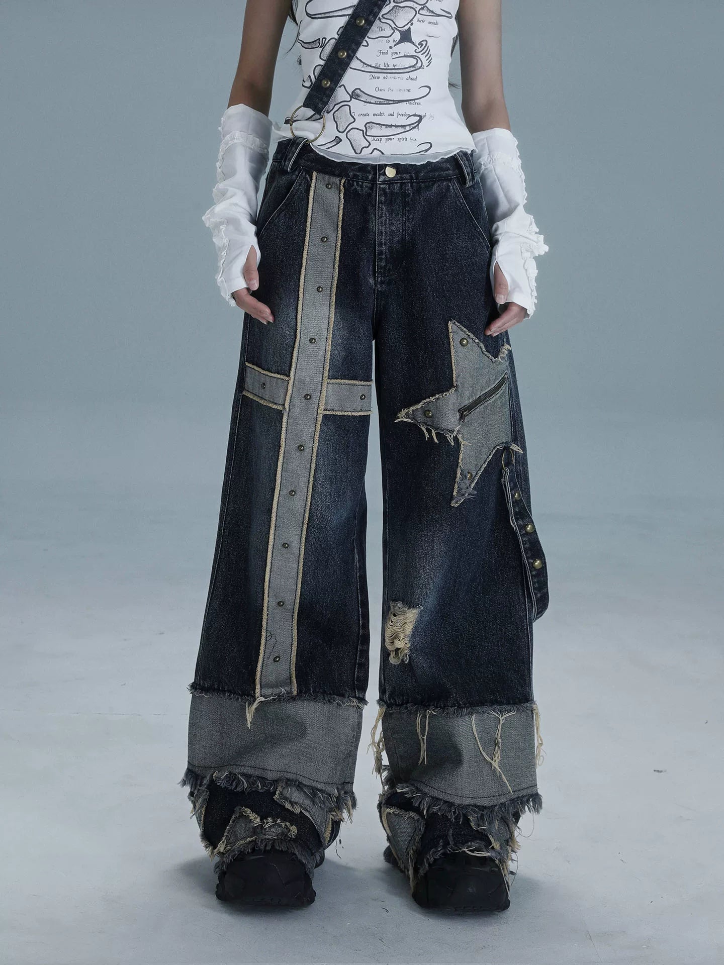Low Waist Wide Leg Washed Stud Denim Jeans