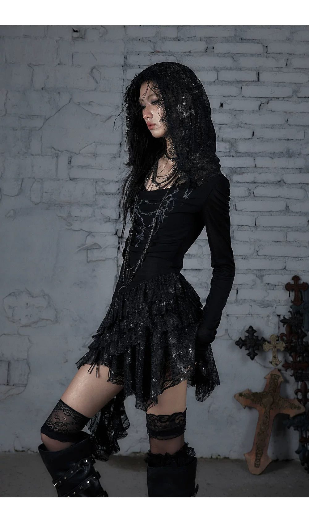 Lace Hooded Asymmetric Ruffle Dress