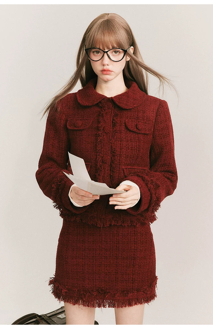 Round Collar Tweed Jacket & A-Line Tweed Skirt Setup