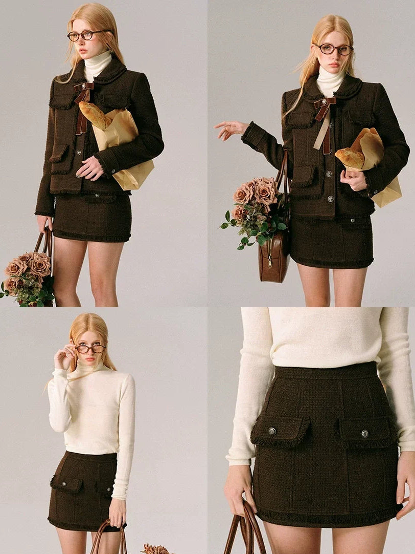 Bow Design Wool Blend Jacket & Short Skirt Setup