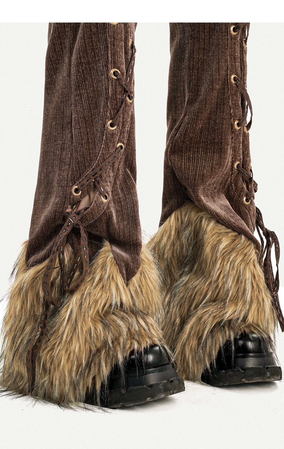 Corduroy Patchwork Fake Fur Lace-Up Slimming Pants