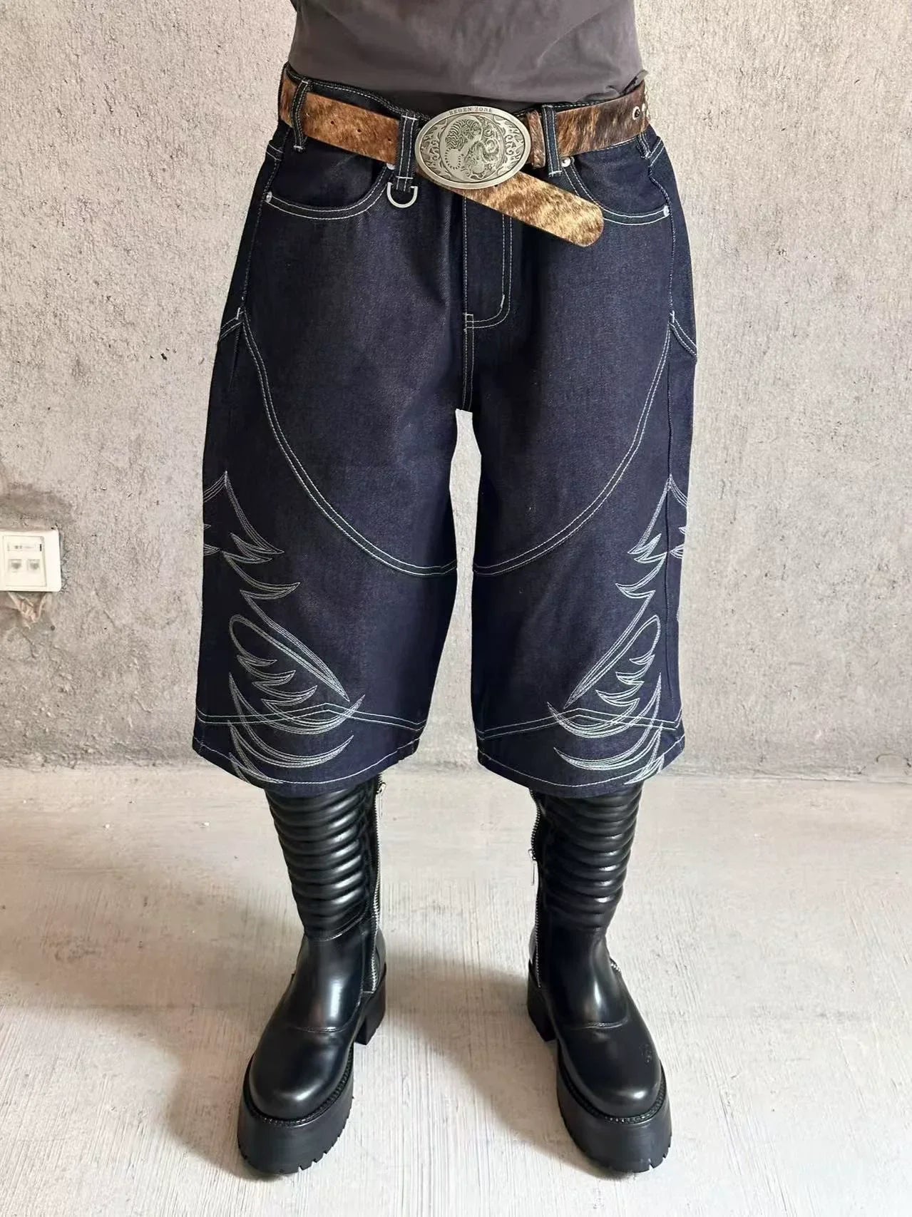 Embroidered Half Denim Jeans