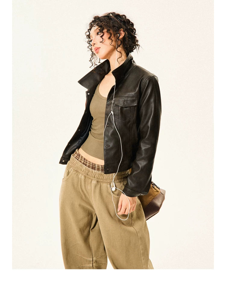 PU Leather Standing-Collar Short Jacket