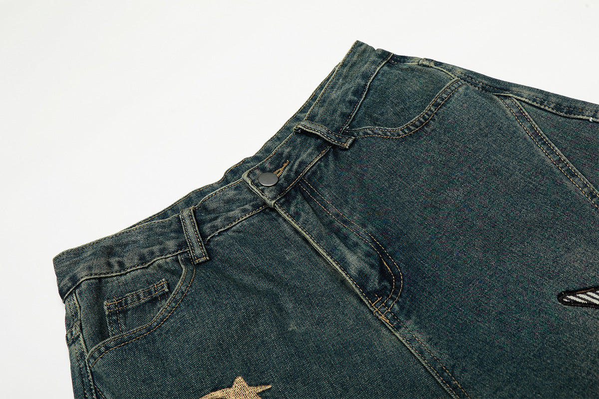 Washed Embroidery Wide Leg Denim Jeans