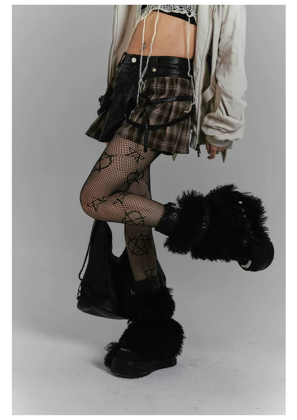 Plaid PU Leather Mix Patchwork Short Skirt