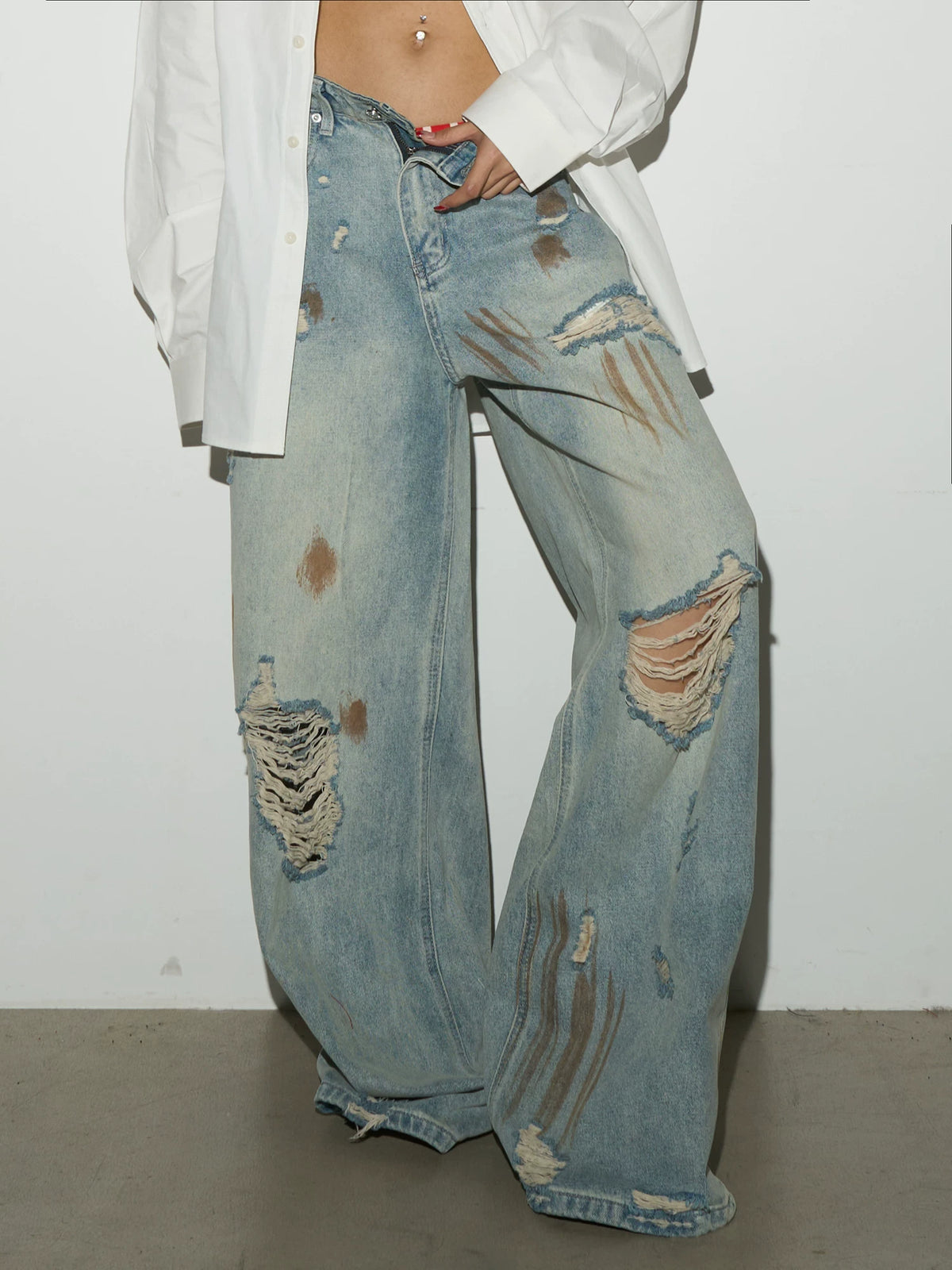 Rust Fade Damage Wash Draped Wide Leg Denim Jeans