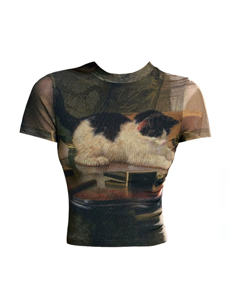 Vintage Hottie Kitten Print Cinched T-shirt