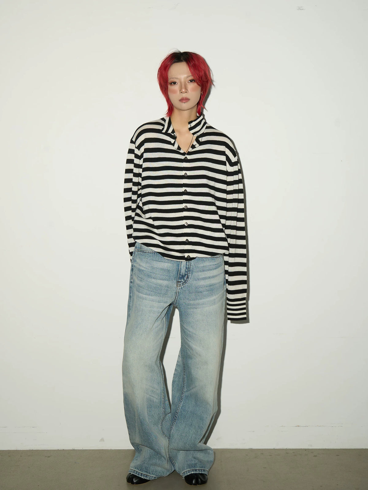 Contrast Stripe Wool Knit High-Neck Cardigan