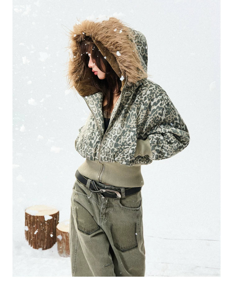 Leopard Print Fur-Trim Hood Puffer Jacket