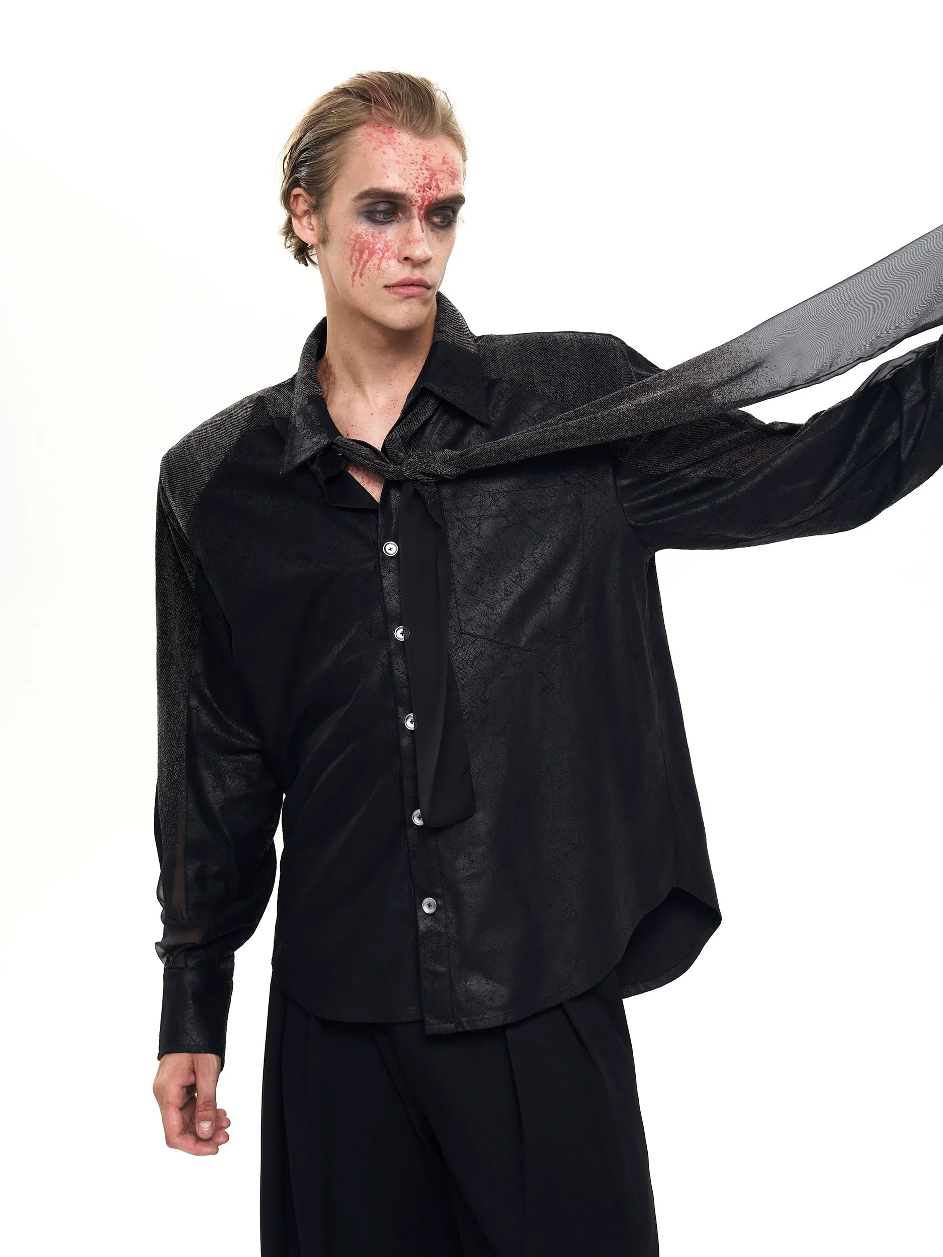 With Black Tie, Mesh Shoulder-Pad Long Sleeve Shirt