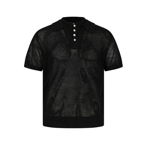 Kurzarm-Strick-Poloshirt mit Lochmuster - Schwarz / M