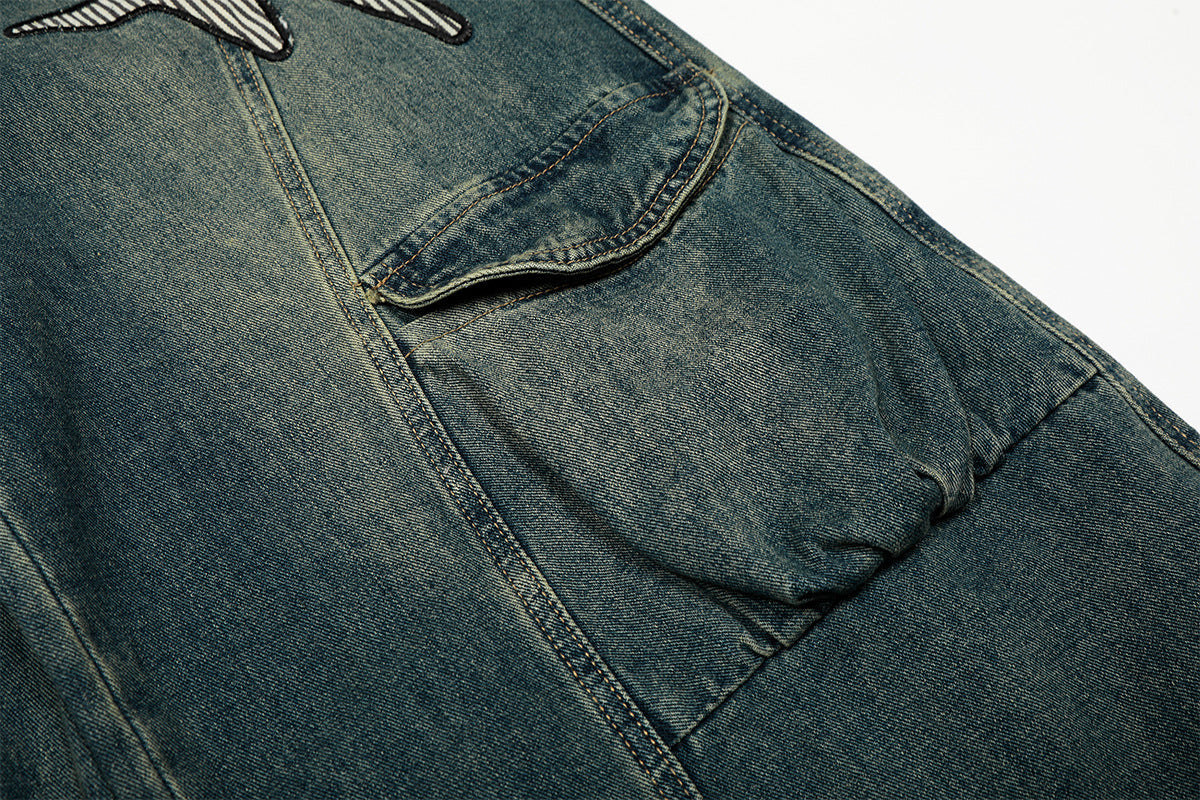 Washed Embroidery Wide Leg Denim Jeans