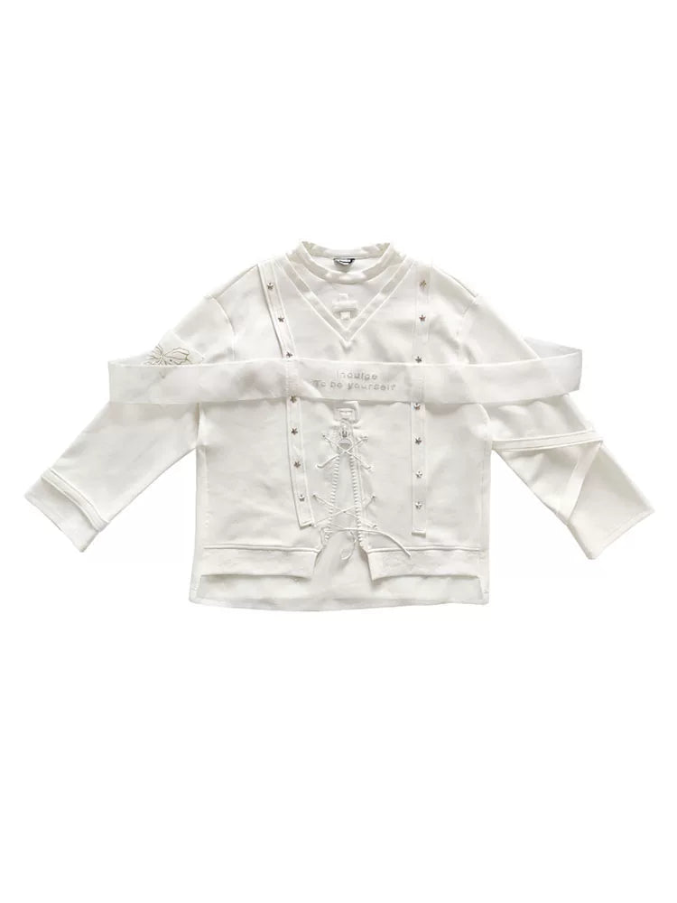 Star Design Sheer Embroidery Pullover Sweatshirt
