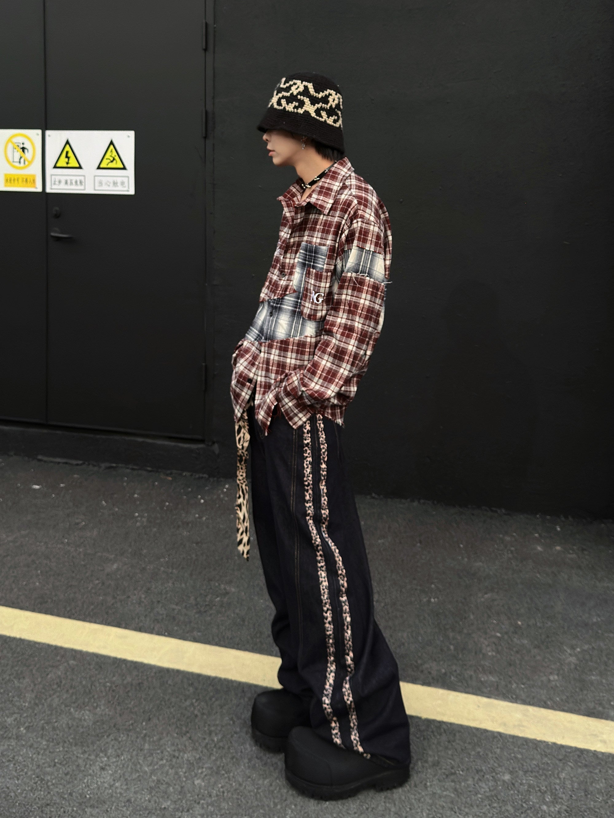 Camisa oversize de manga larga con estampado de cuadros y patchwork