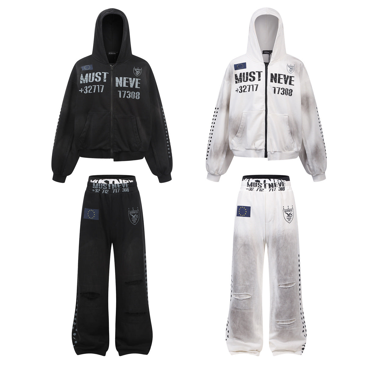 Dirty Washed Logo Print Zipper Hoodie & Dirty Washed Sweatpants Setup
