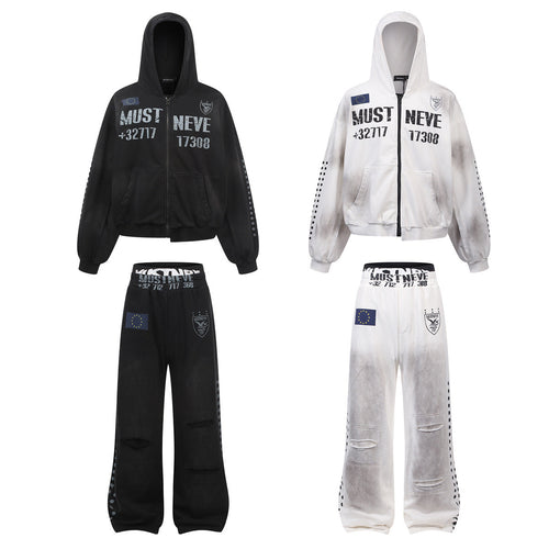 Dirty Washed Logo Print Zipper Hoodie & Dirty Washed Sweatpants Setup - Black / S / hoodie