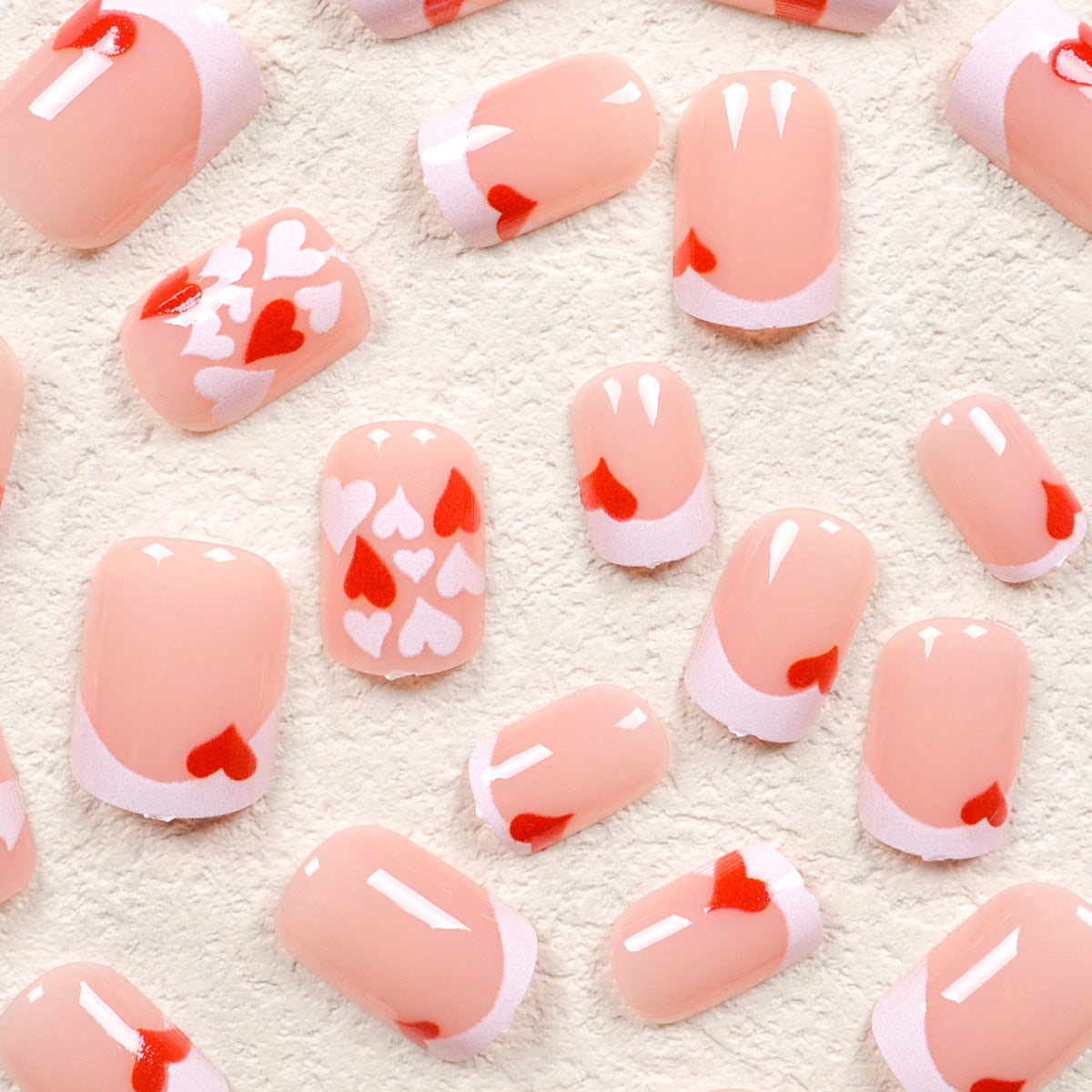 Valentine's Day series wears nail art white edge French nail patches, red hearts, white hearts, fake nail pieces