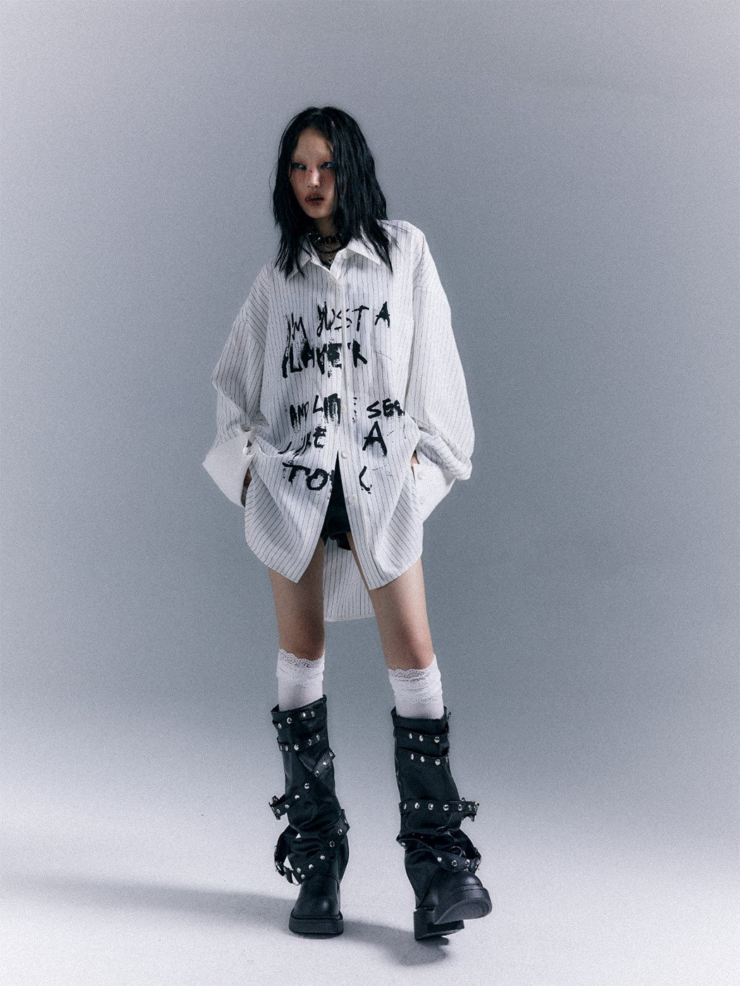 Graffiti Print Stripe Oversize Long Sleeve Shirt