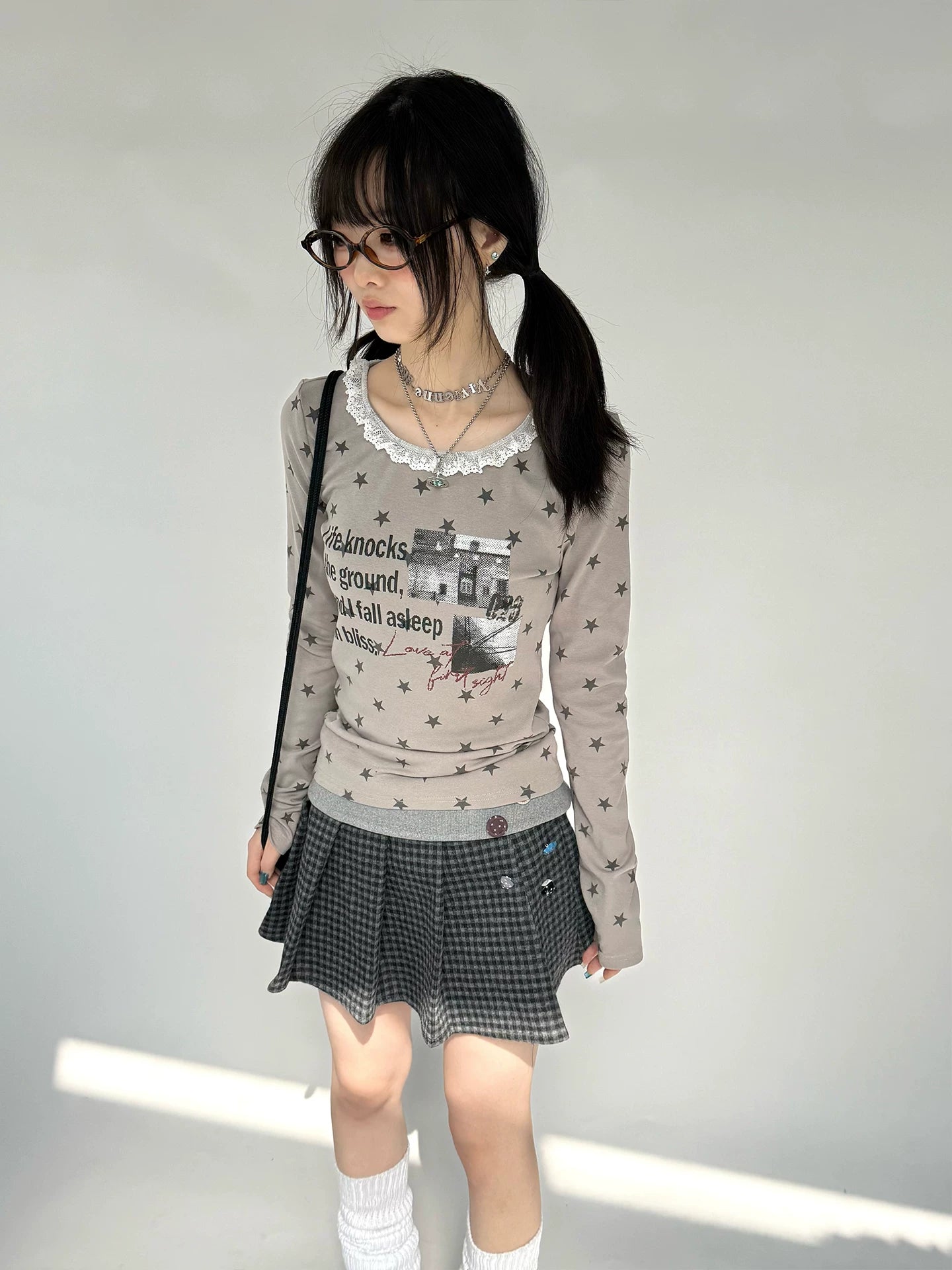 Star Print Lace Trim Fitted Long Sleeve T-Shirt
