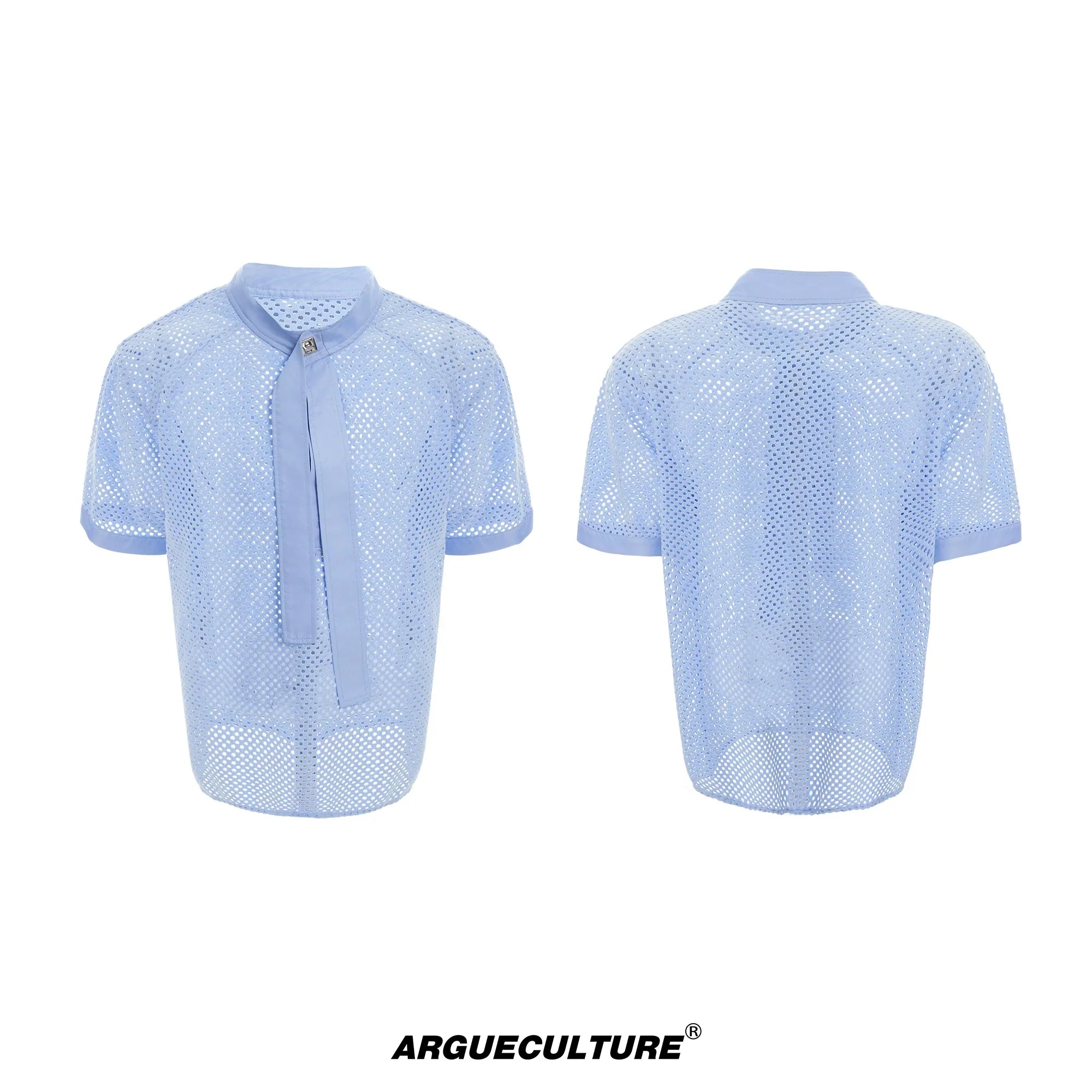 Knit Mesh Necktie Patchwork Short Sleeve Shirt