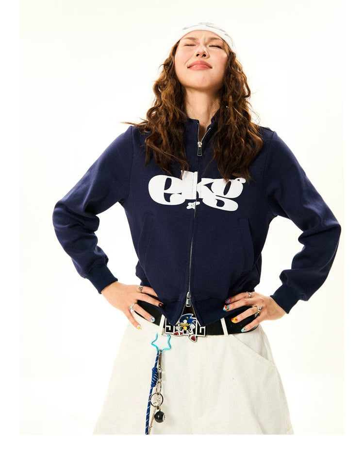 Letter Print Fitted Zipper Hoodie
