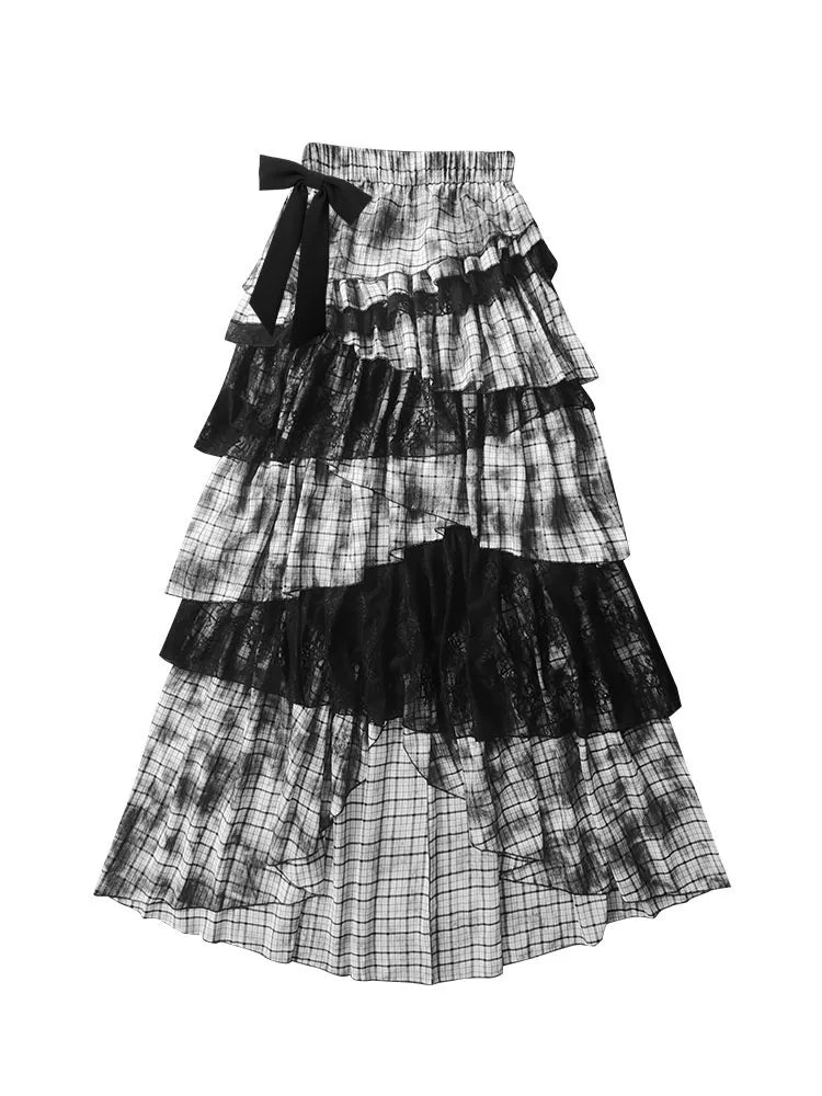 Lace Plaid Tiered Asymmetric Skirt