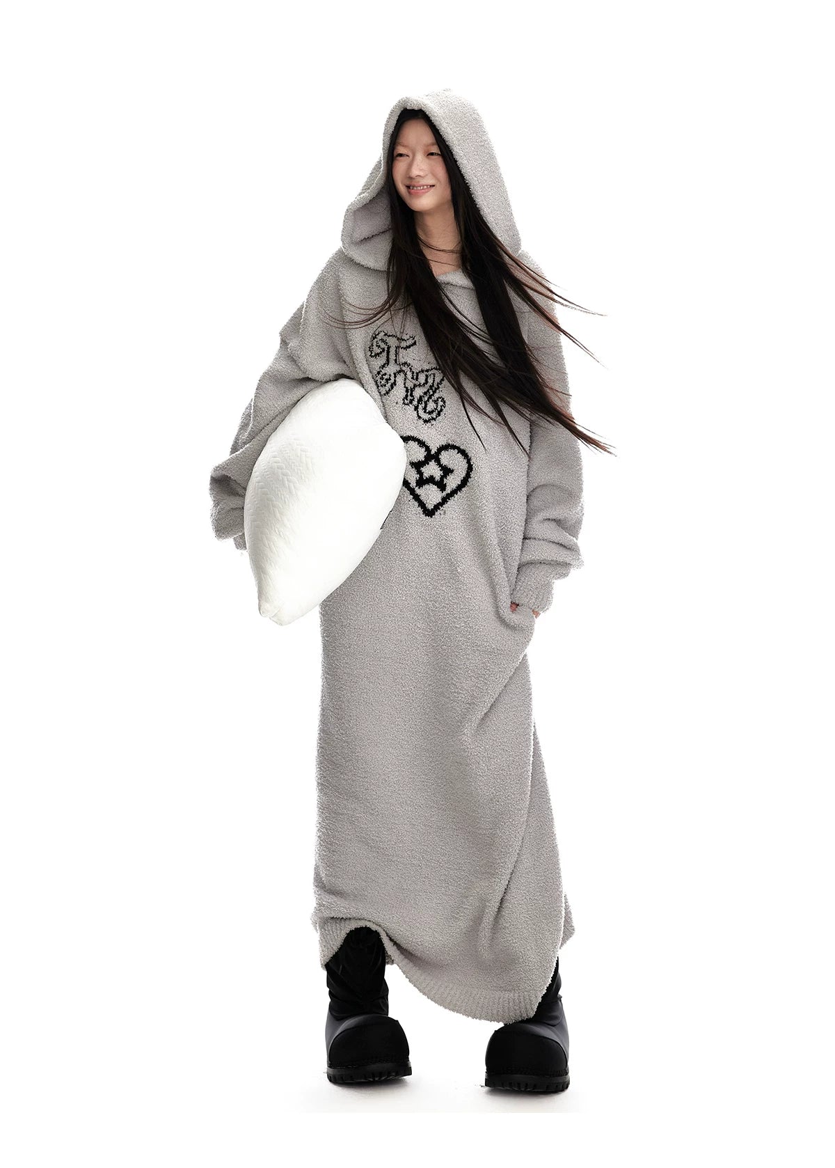 Fuzzy Hooded Knit Sweater Dress