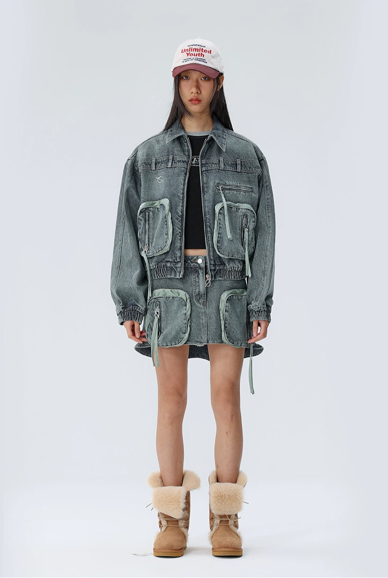 Deconstructed cargo denim jacket