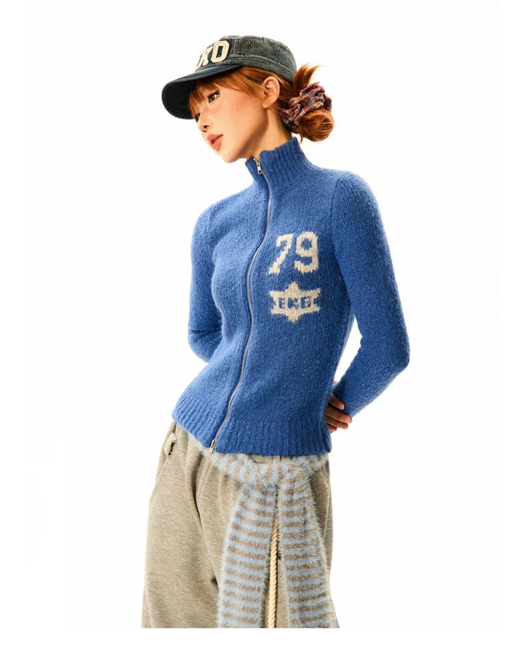 Number Patch Knit Zipper Stand Neck Cardigan