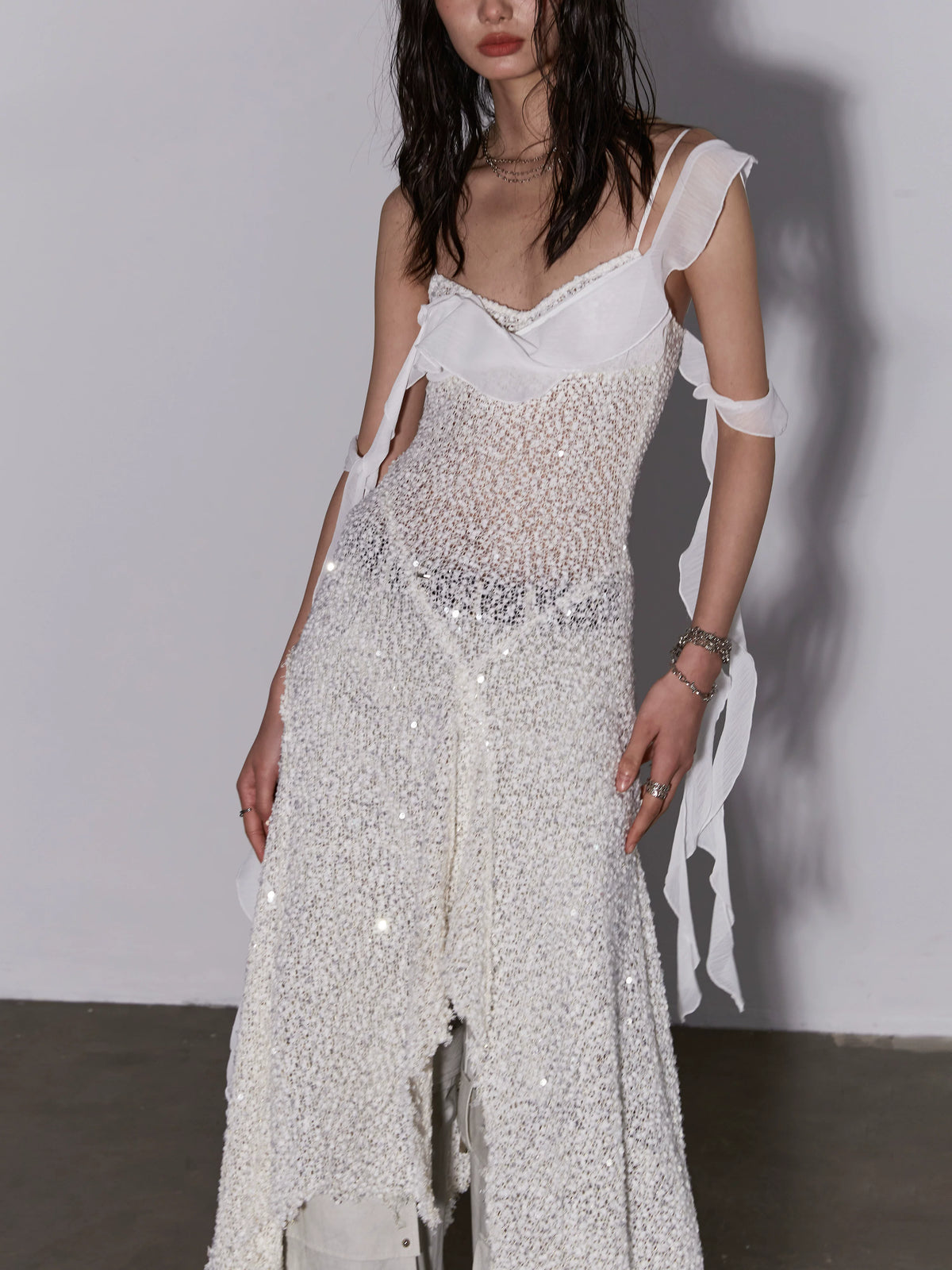 See Through Knit Glitter Strap Shoulder Dress