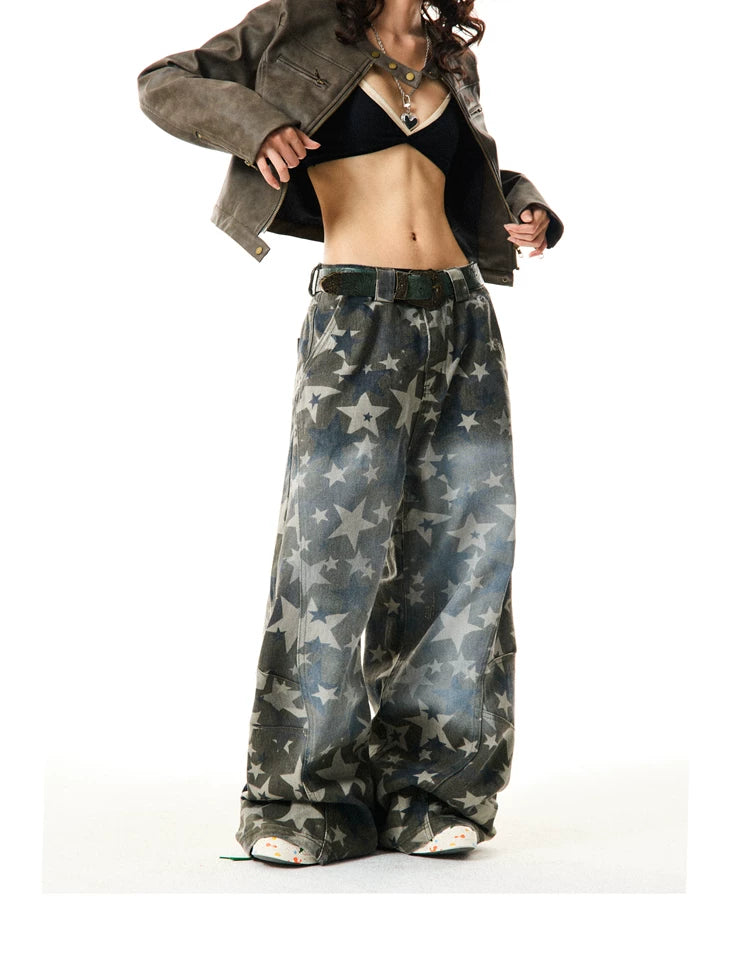 Star Print Damage Wide Leg Denim Jeans