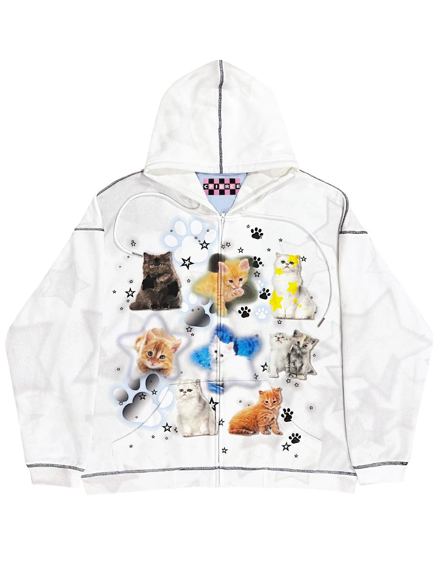 Cat Print Zipper Hoodie